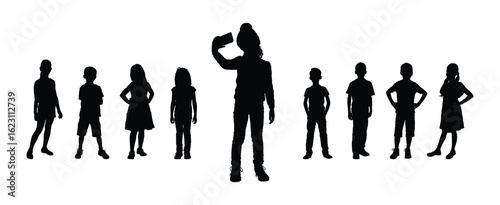 Little girl taking selfie in front of her friends isolated black silhouette on white background.