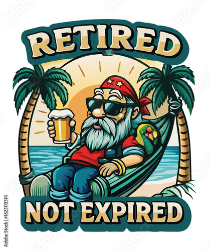 Retired but Not Expired T-shirt Design, Cartoon elderly man Grandpa Relaxing on tropical beach in Hammock, enjoying beer on a mug. 