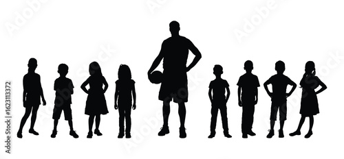 Male basketball player holding ball standing with happy children fans front view black silhouette