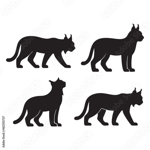 Four distinct black silhouettes of a wild lynx cat in various poses against a white background showcasing its unique ear tufts and tail silhouette