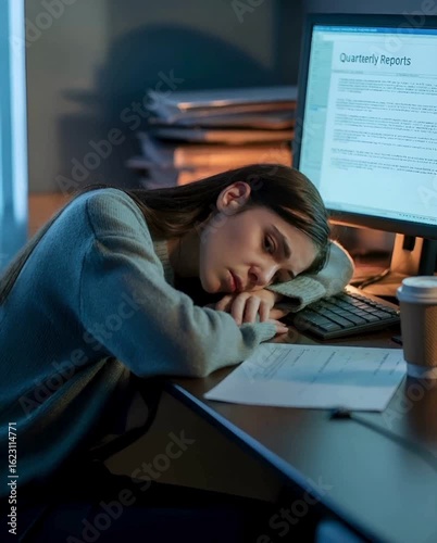 Exhausted Young Woman Asleep at Desk After Long Hours of Work on Computer