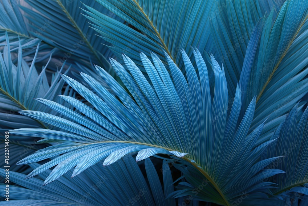 Fototapeta premium Blue tropical palm leaves close-up in natural pattern