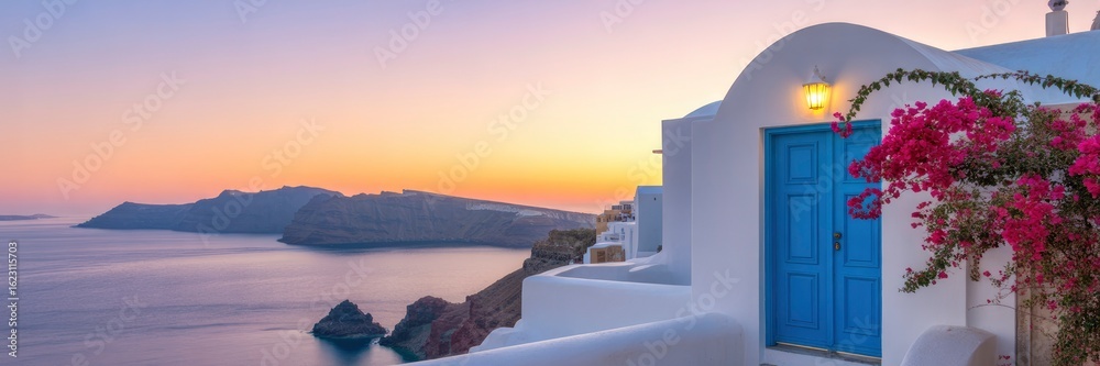 Obraz premium Santorini Sunset Idyllic Greek Island View with Whitewashed House and Bougainvillea