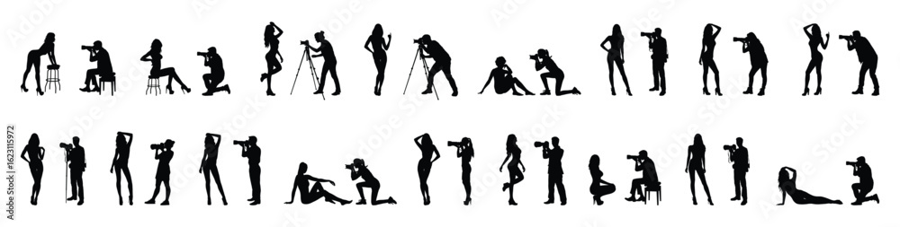 Fototapeta premium Photographers shooting and taking pictures of group of sexy female models in different positions silhouette set collection.