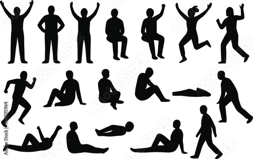 Silhouettes of people in dynamic poses, standing, sitting, jumping, running, and lying down, versatile illustration for design, education, art