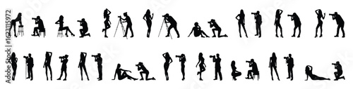 Photographers shooting and taking pictures of group of sexy female models in different positions silhouette set collection.