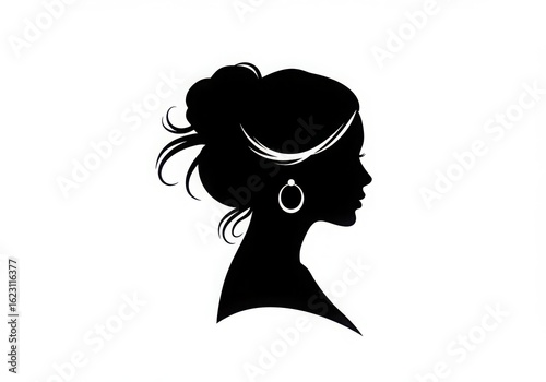 Black silhouette of a woman s profile with updo and earring isolated on white background
