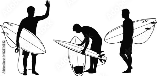 Canvas Print Silhouettes of surfers with surfboards, beach lifestyle, surf culture poses, oce