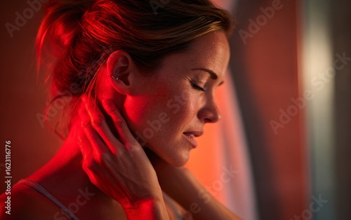Close-up of a woman with neck pain in a bathroom, a red light shining on her ear, a dark, cinematic shot.