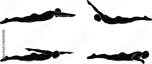 Silhouettes of swimmer in freestyle stroke, swimming technique stages, aquatic motion, swim training concept, water sport movement, athlete silhouette