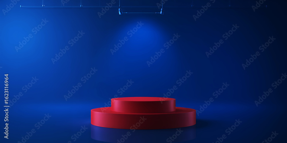 Fototapeta premium Red two tier podium under a spotlight against a dark blue background for product display