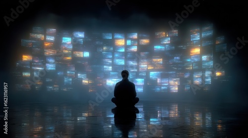 Person sitting in dark room surrounded by flickering screens conveying chaotic news and feelings of anxiety and isolation