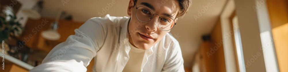 Young caucasian male in glasses smiling indoors with sunlit background Young caucasian male in glasses smiling indoors with sunlit background