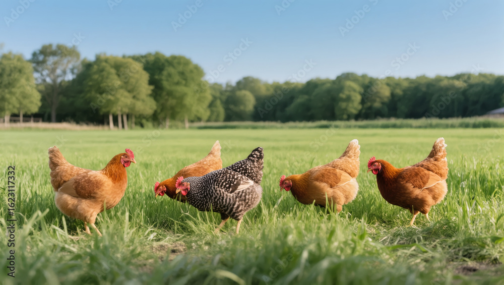 Fototapeta premium Free-range hens walking and pecking in green grass on a sunny farm field in summer countryside setting