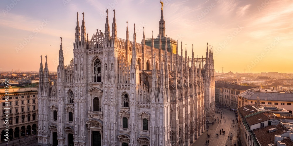 Fototapeta premium Majestic Milan Cathedral at Sunrise A Panoramic View of Duomo di Milano