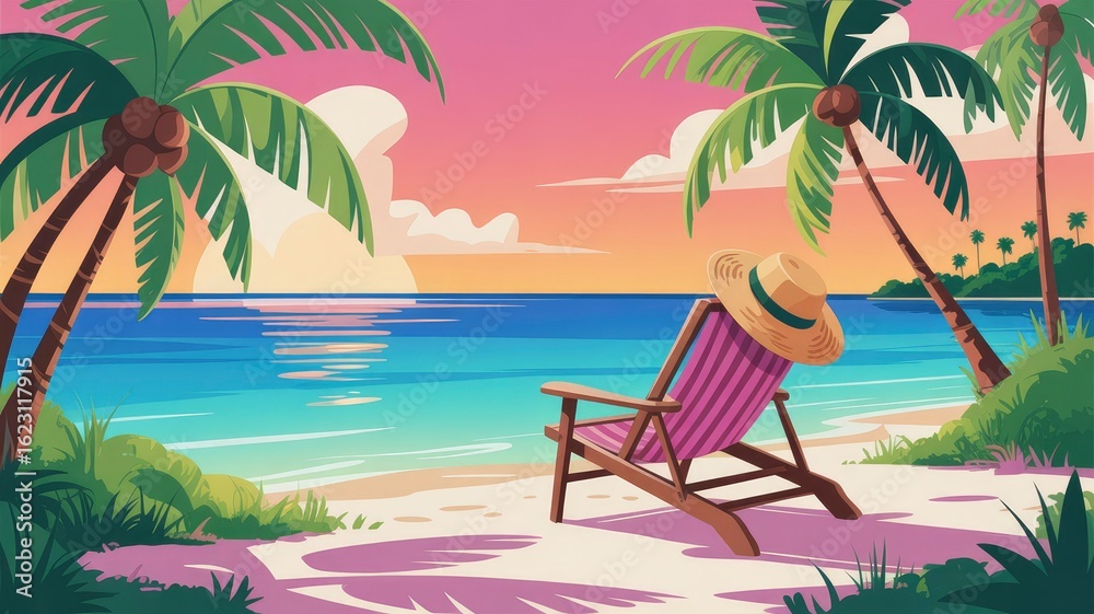 Fototapeta premium Serene Sunset on Tropical Beach Relaxation and Vacation Scene