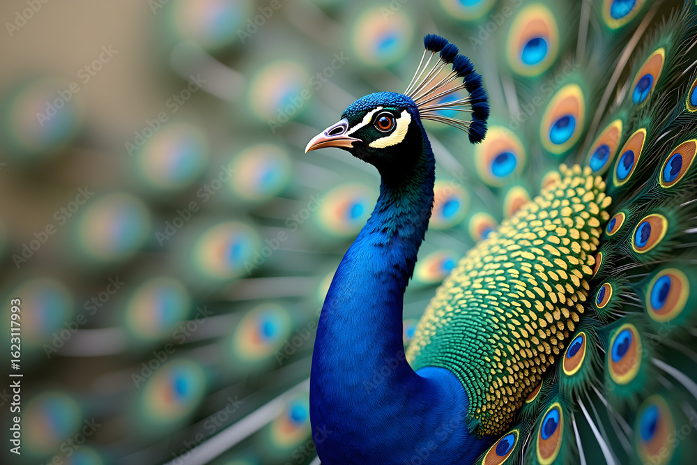 Obraz premium Close-up of a Majestic Peacock Displaying its Vibrant Plumage with Intricate Details and Stunning Color Gradations