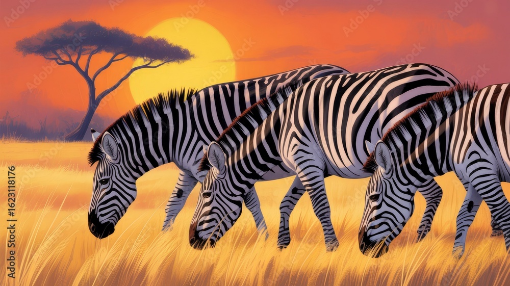 Fototapeta premium Three Zebras Grazing at Sunset in the African Savanna