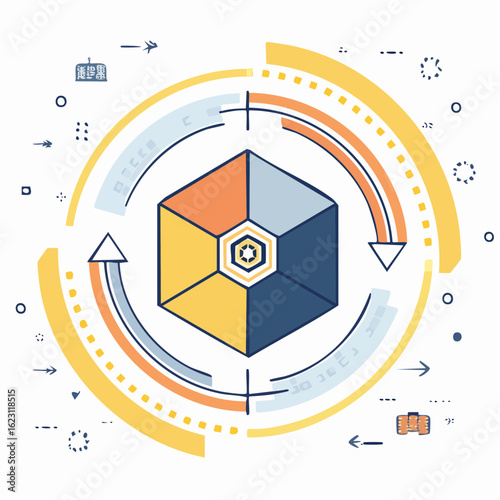 An abstract illustration of a workflow cycle with a central isometric cube and circular arrows.