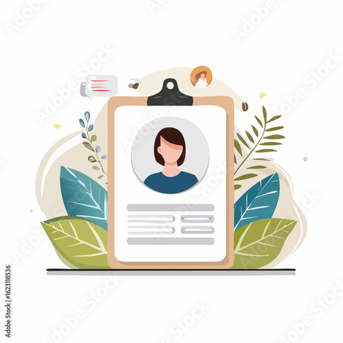 A clipboard displays a woman's professional profile or resume, symbolizing human resources, recruitment, and personal data.