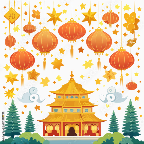 A festive illustration of a Chinese pagoda with hanging red lanterns and golden stars.