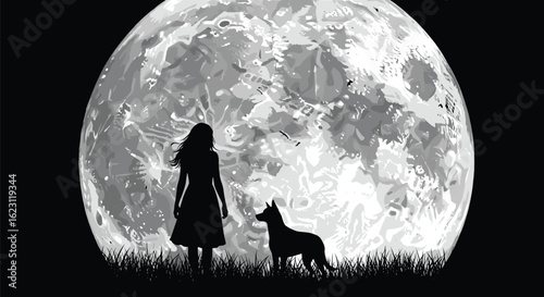 Woman and dog sitting together under moonlight, silhouette in nature scene, peaceful outdoor bond, black vector for pet, lifestyle, night illustration