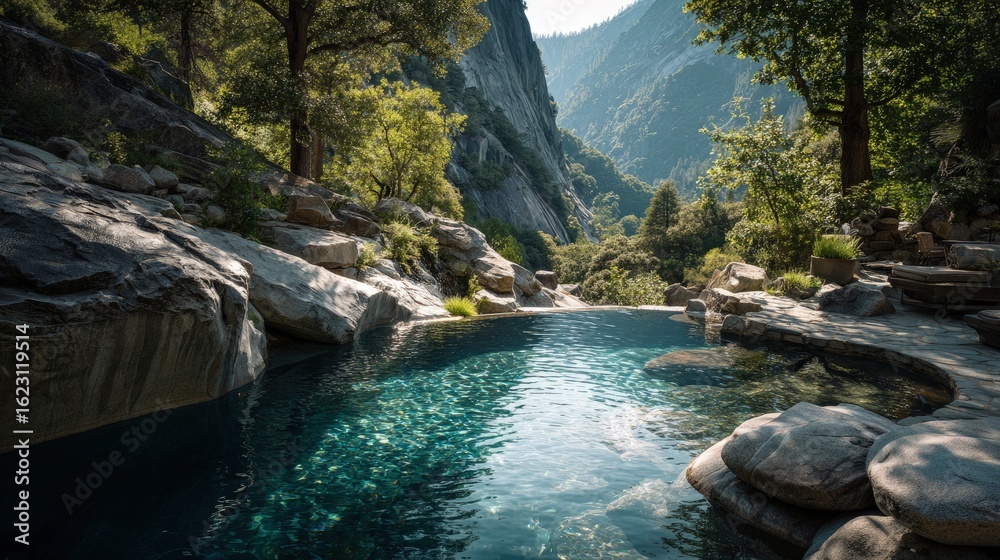 Naklejka premium Amazing pool Hidden gem nestled among mountains mountain stream feeding into a stunning infinity pool natures embrace