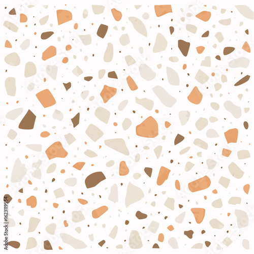 A seamless pattern of irregularly shaped chips in shades of white, beige, brown, and orange, resembling a classic terrazzo flooring design.
