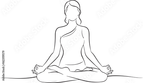 Woman meditating in lotus position, black and white line art illustration