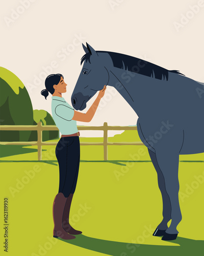 A flat vector illustration of an equestrian woman sharing a gentle moment with her horse
