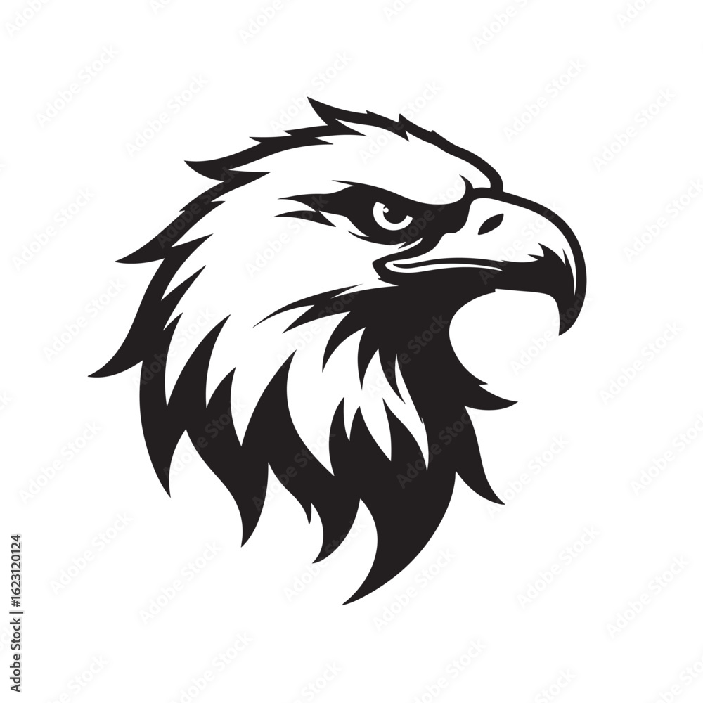 Obraz premium A cartoon vector illustration of an American bald eagle's head with a wild, black feather design, perfect for a tattoo or a symbol of freedom