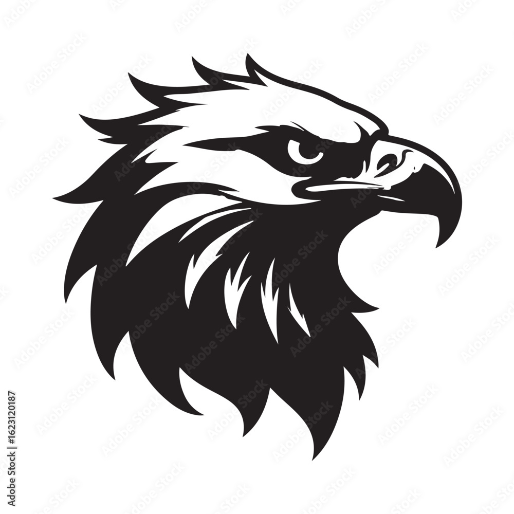 Obraz premium A cartoon vector illustration of an American bald eagle's head with a wild, black feather design, perfect for a tattoo or a symbol of freedom