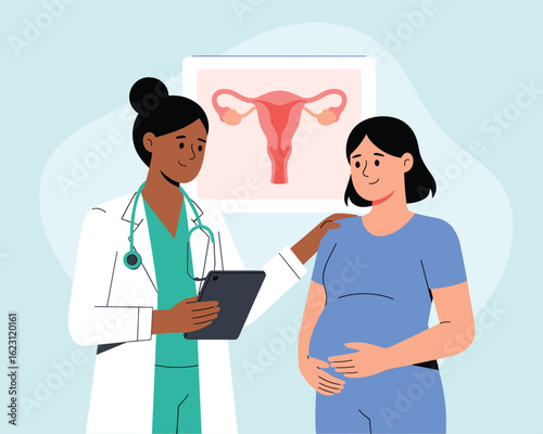 Gynecologist doctor consulting a pregnant woman in a clinic. Flat vector illustration.