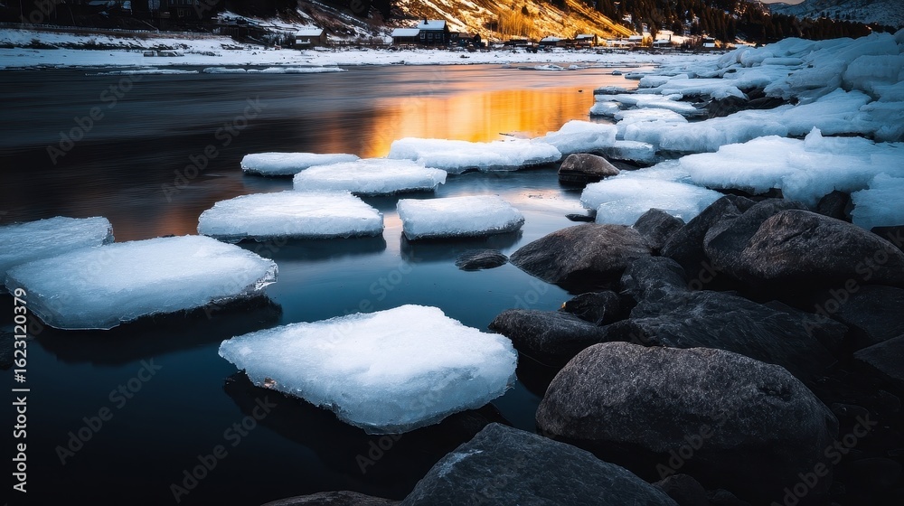 Obraz premium Ice formations floating on a tranquil river at sunset, reflecting warm colors against a serene backdrop