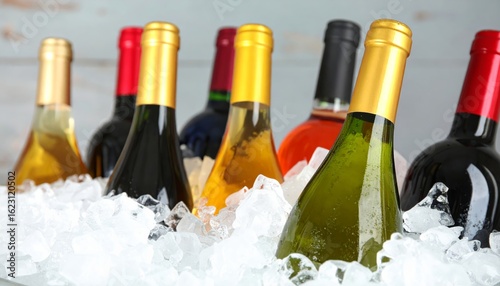 A collection of wine bottles nestled in ice, showcasing various colors and styles, perfect for a refreshing drink.