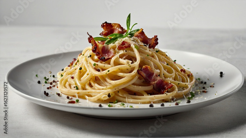 Traditional pasta carbonara with creamy sauce, crispy bacon, and parmesan. Authentic Italian dish.