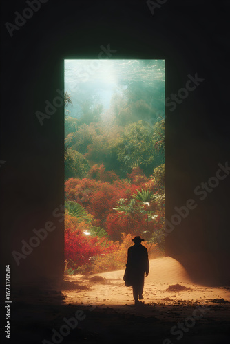 Man walking through a mystical doorway leading to an underwater garden filled with vibrant flora and unique oceanic scenery at dusk