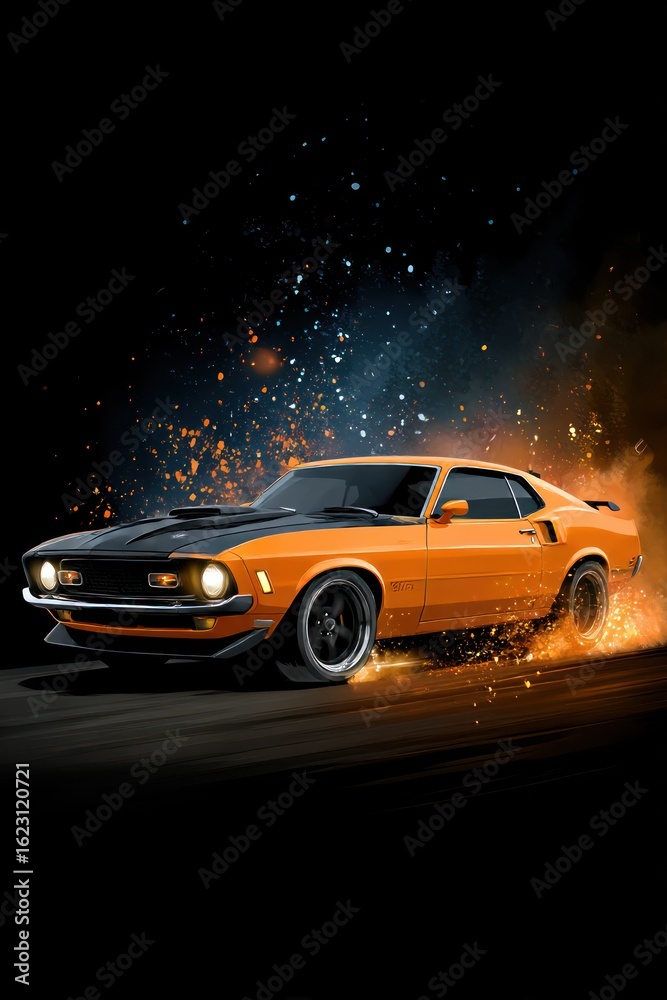 Fototapeta premium Orange muscle car in motion
