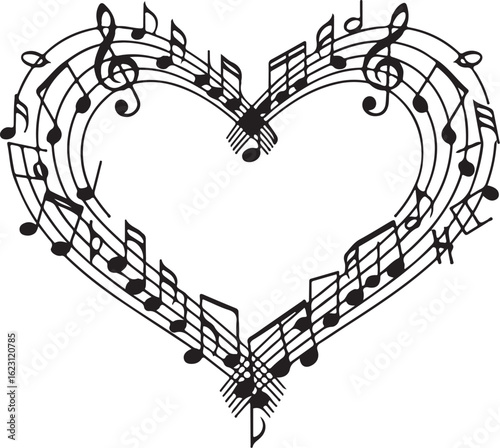Black and white musical notes heart shape vector illustration