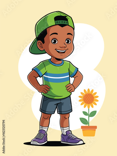 A flat vector illustration depicts a cheerful young boy standing with a sunflower