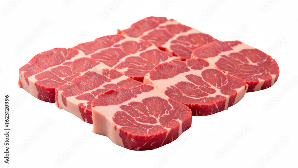 Fototapeta premium Fresh beef slices marbled meat high quality raw food culinary ingredient protein source gourmet cooking butcher shop meal preparation healthy diet