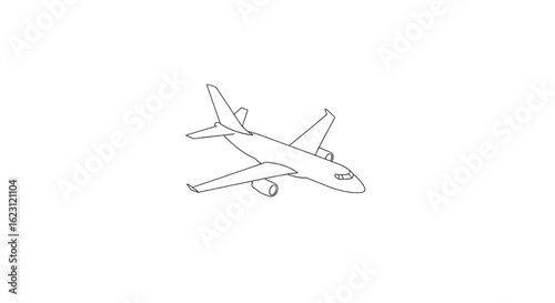 Commercial passenger airplane. Black line art of a jet aircraft. 