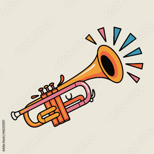 A colorful cartoon trumpet with sound waves on a light background in a flat vector style design on transparent background