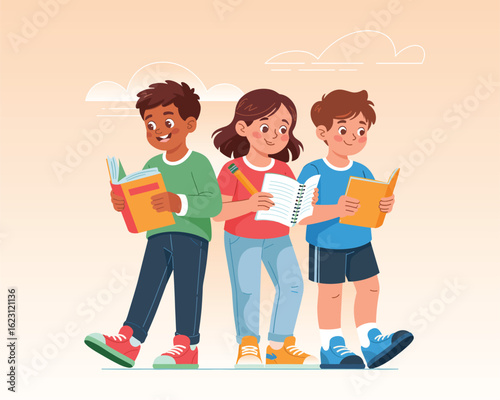 A flat vector illustration of diverse children reading books and studying together.