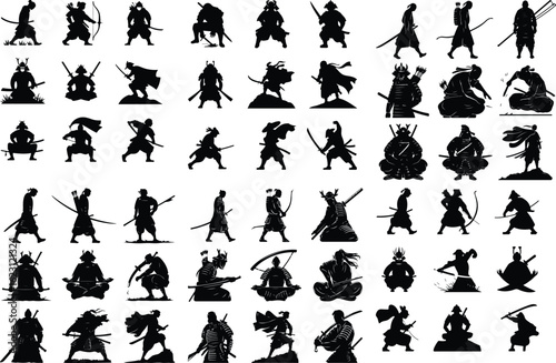 Japanese Samurai Warrior Silhouette Set – Traditional Martial Icon Pack Samurai Warrior Icon Collection – Japanese Sword Fighter Silhouette Art