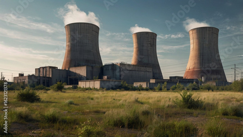 Old Nuclear Power Plant with Cooling Towers Against Sky