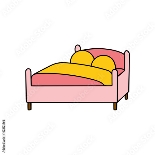 Pink bed with yellow pillows and blanket isolated on transparent background