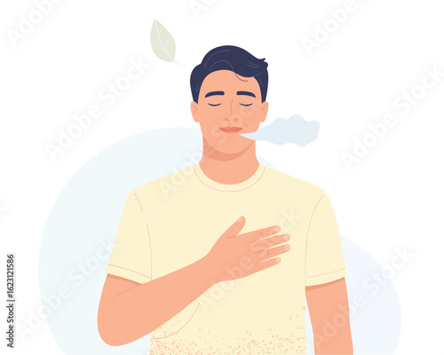 A clean flat vector illustration of a man breathing deeply for mindfulness and relaxation