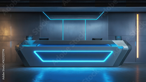 Tech company reception counter mockup future technology office lighting space workplace interior registration copy space desk design indoor decoration front view green plant decor