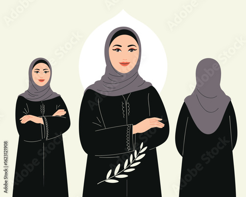 A flat vector illustration of a confident Muslim woman in a hijab and abaya holding an olive branch.